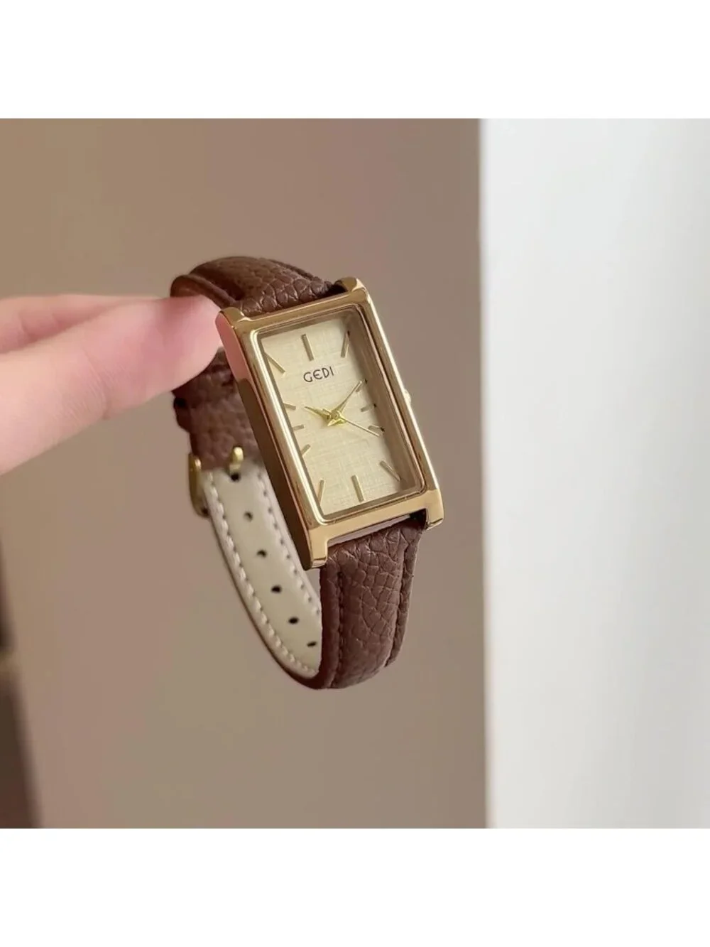 Women's Brown Gold Analog Quartz Ultra-Thin Rectangle Vintage Square Wrist Watch